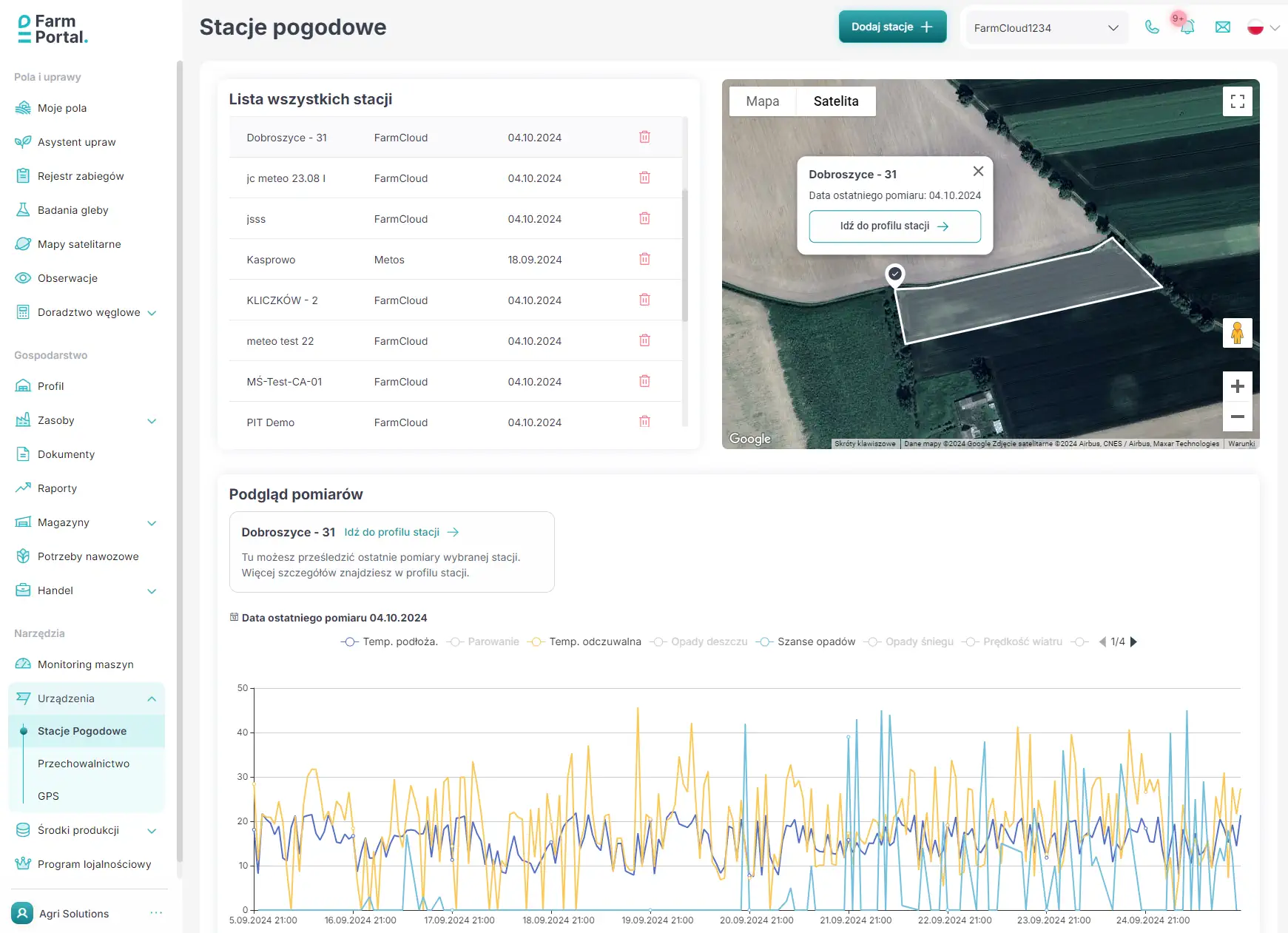 FarmPortal – ekran aplikacji czujników i monitoringu